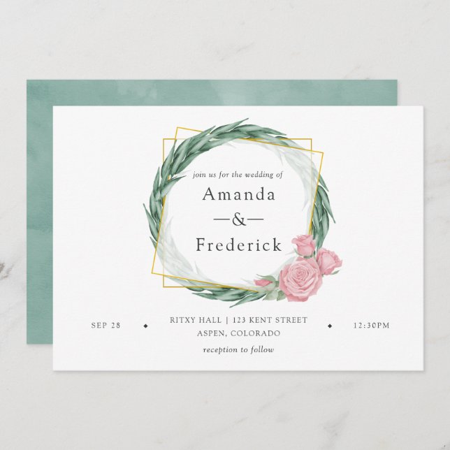 Watercolor Eucalyptus Rose Geometric Wedding Invitation (Front/Back)