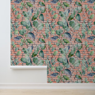 Watercolor Eucalyptus Rustic Brick Leaves Greenery Wallpaper
