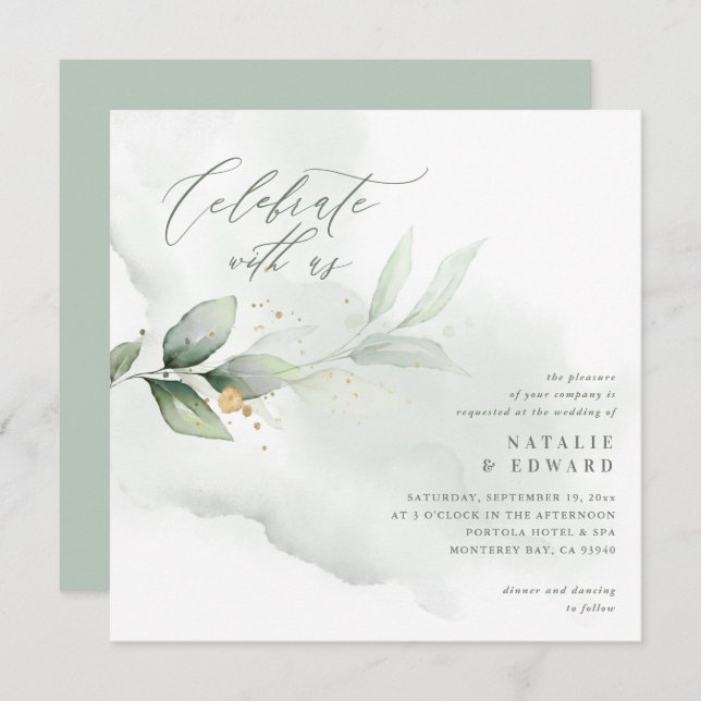 Watercolor eucalyptus sage green and gold wedding (Front/Back)