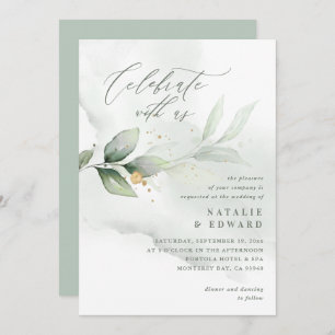 Watercolor eucalyptus sage green gold wedding