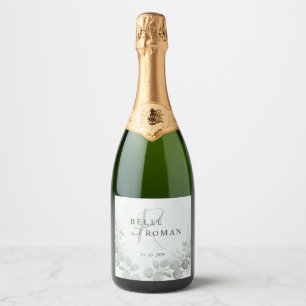  Watercolor Eucalyptus Sage Green Monogram Wedding Sparkling Wine Label