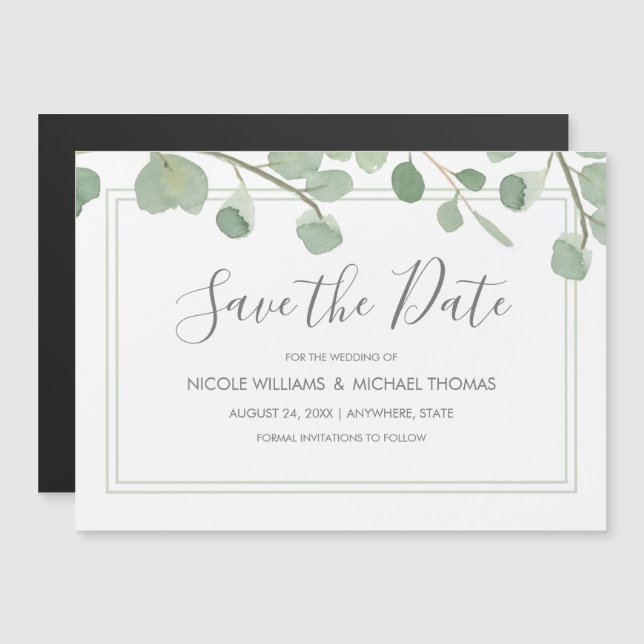 Watercolor Eucalyptus Save the Date Magnetic Invitation (Front/Back)