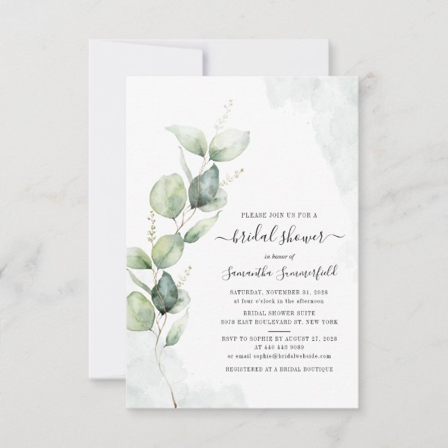 Watercolor Eucalyptus Script Bridal Shower Invitation (Front)