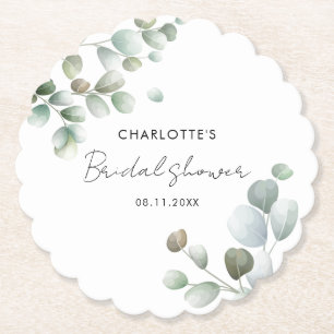 Watercolor Eucalyptus Script Bridal Shower Paper Coaster