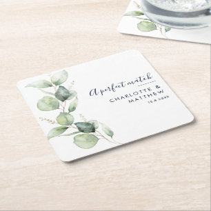 Watercolor Eucalyptus Script Wedding Custom Square Paper Coaster