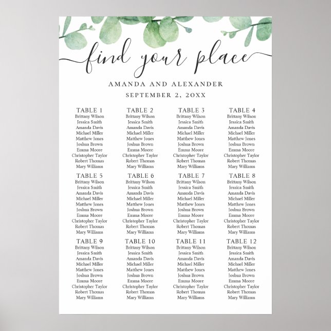 Watercolor eucalyptus script wedding seating chart (Front)