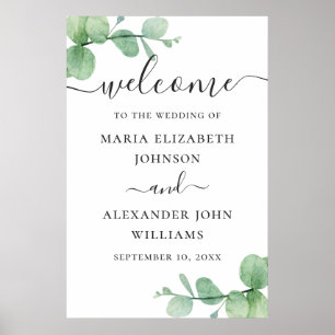 Watercolor eucalyptus script wedding welcome poster