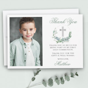 Watercolor Eucalyptus Silver First Communion Thank You Card