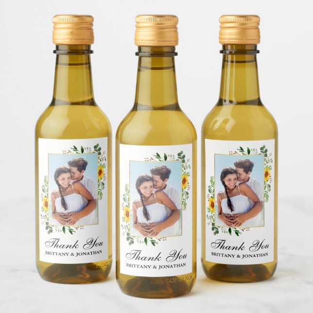 Watercolor Eucalyptus Sunflower Wedding Mini Wine Label (Bottles)