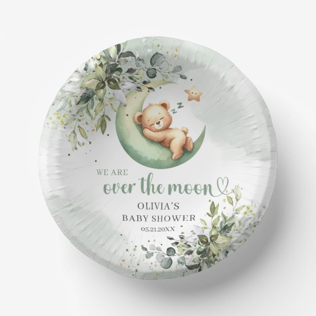 Watercolor eucalyptus teddy bear over the moon paper plate (Front)