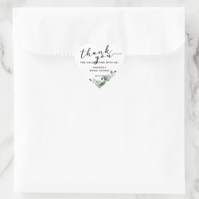 Watercolor Eucalyptus Thank You Bridal Shower Heart Sticker (Bag)