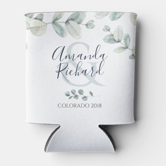 Watercolor Eucalyptus Wedding Can Cooler (Front)