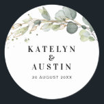 Watercolor eucalyptus wedding classic round sticker<br><div class="desc">A greenery design with a navy blue background colour with watercolor eucalyptus foliage. The text details and colours can be edited.</div>