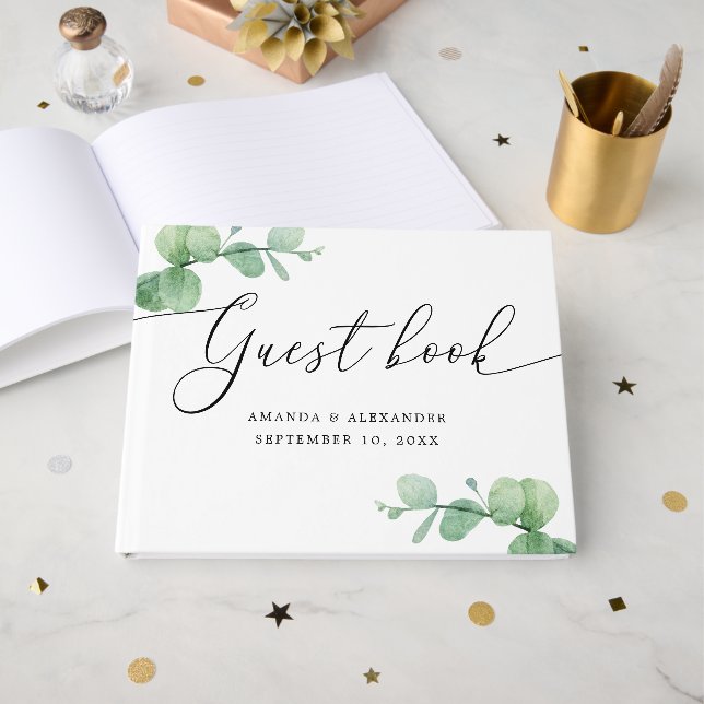 Watercolor Eucalyptus Wedding | Elegant Script Guest Book (Front Open)