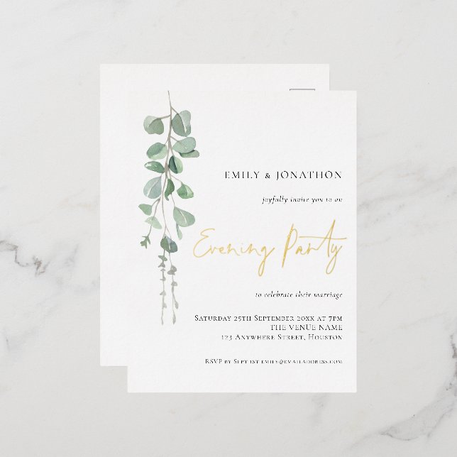 Watercolor Eucalyptus Wedding Evening Party Real Foil Invitation Postcard (Front/Back)