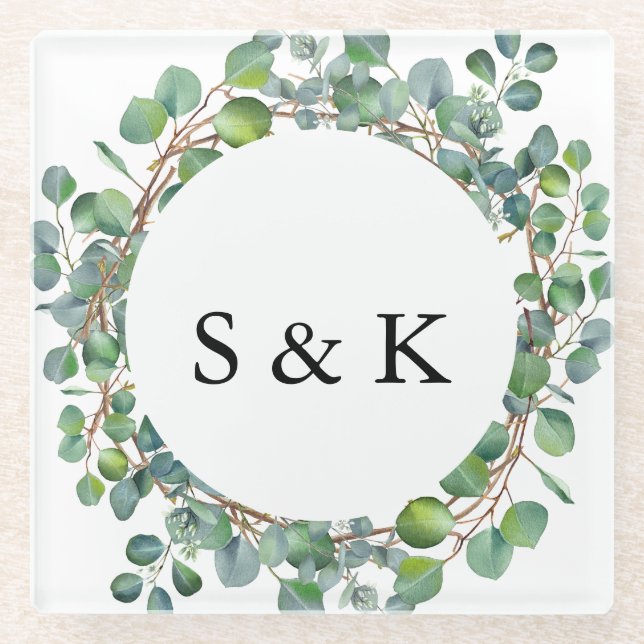 Watercolor Eucalyptus Wedding Glass Coaster (Front)
