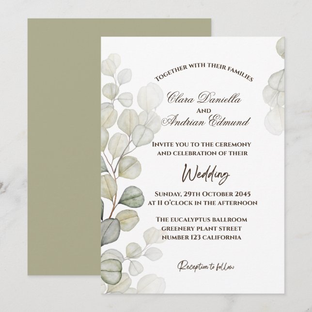 Watercolor Eucalyptus Wedding Invitation (Front/Back)