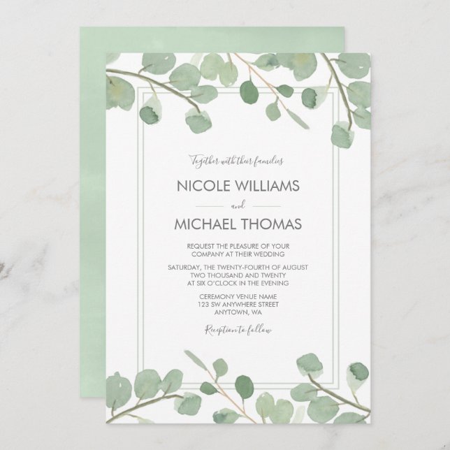 Watercolor Eucalyptus Wedding Invitations (Front/Back)