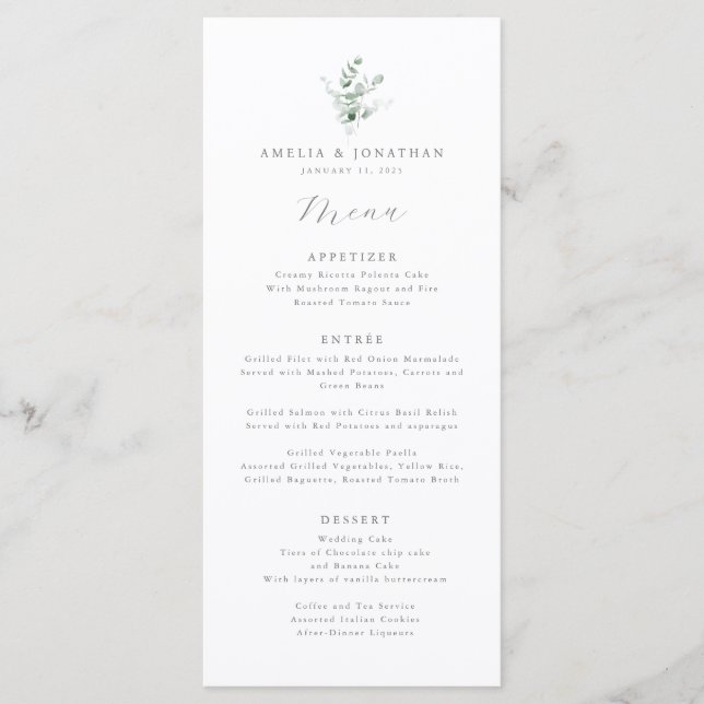 Watercolor Eucalyptus Wedding Menu (Front)