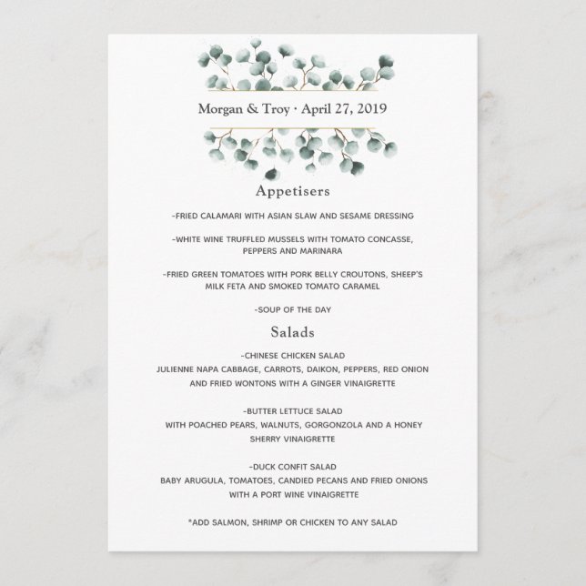Watercolor Eucalyptus Wedding Menu (Front)