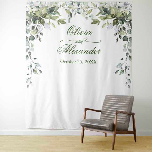 Watercolor Eucalyptus Wedding Photo Booth Backdrop Tapestry (In Situ)