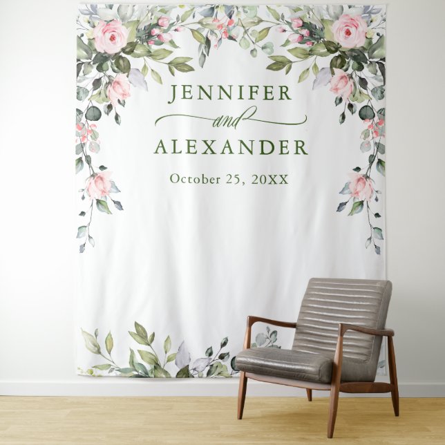 Watercolor Eucalyptus Wedding Photo Booth Backdrop Tapestry (In Situ)