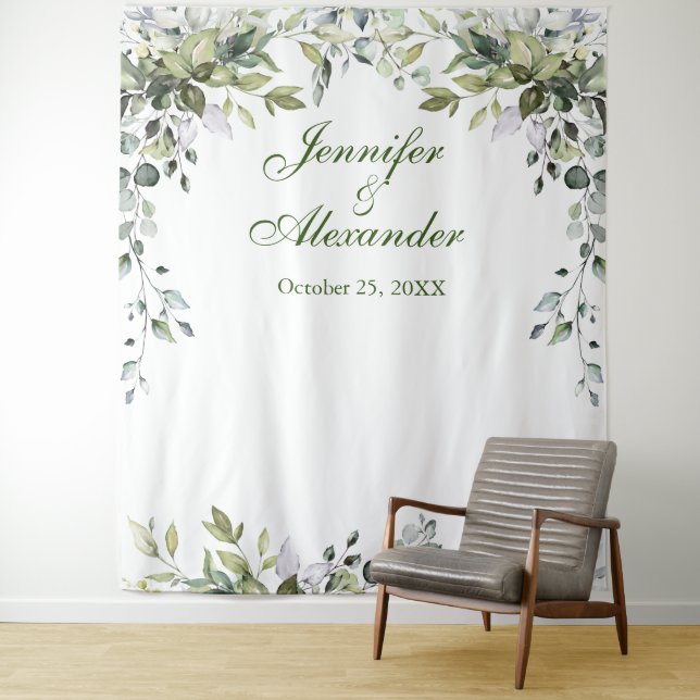 Watercolor Eucalyptus Wedding Photo Booth Backdrop Tapestry (In Situ)