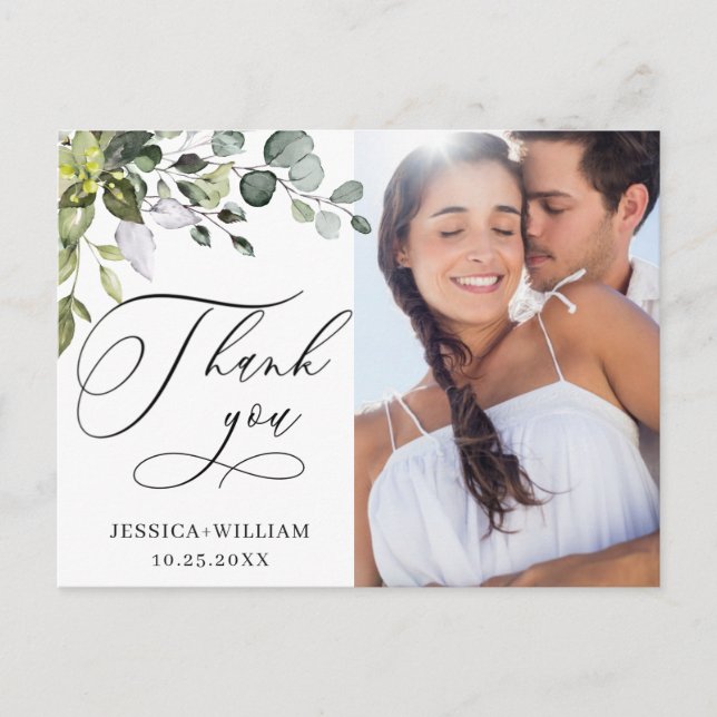Watercolor Eucalyptus Wedding Photo Thank You Postcard (Front)