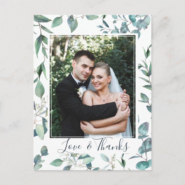 Watercolor Eucalyptus  Wedding Photo Thank You Postcard (Front)