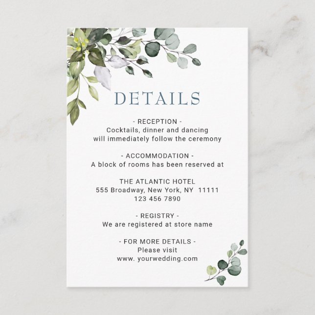 Watercolor Eucalyptus Wedding Reception Details Enclosure Card (Front)