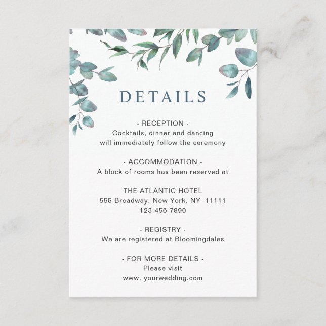 Watercolor Eucalyptus Wedding Reception Details Enclosure Card (Front)