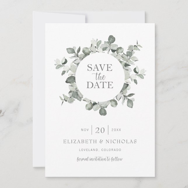 Watercolor Eucalyptus Wedding Save The Date (Front)