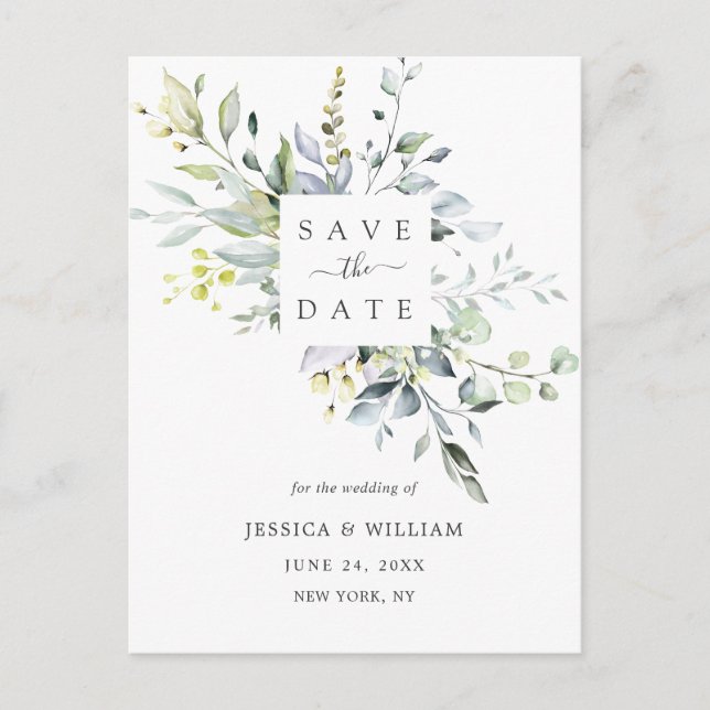 Watercolor Eucalyptus Wedding Save the Date Announcement Postcard (Front)