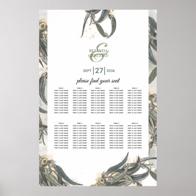 Watercolor Eucalyptus Wedding Seating Chart (Front)