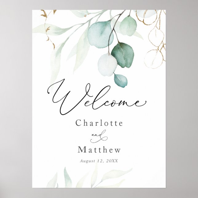 Watercolor Eucalyptus Wedding Welcome Sign (Front)