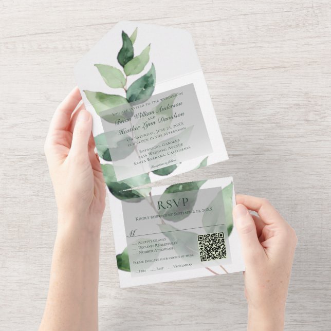 Watercolor Eucalyptus Wedding | White All In One Invitation (Tearaway)