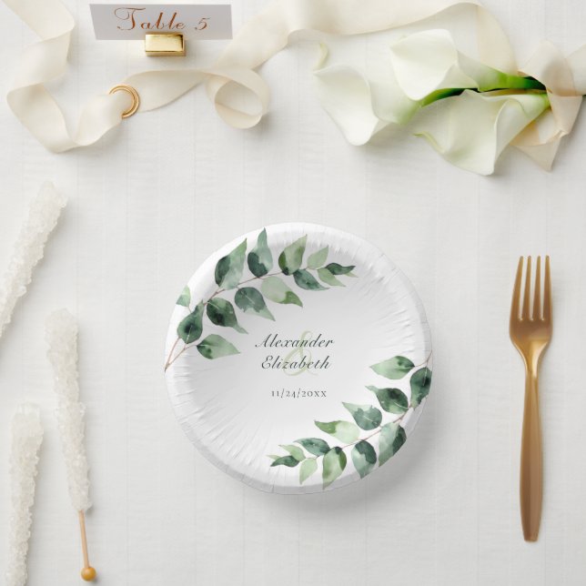 Watercolor Eucalyptus Wedding | White Paper Plate (Wedding)