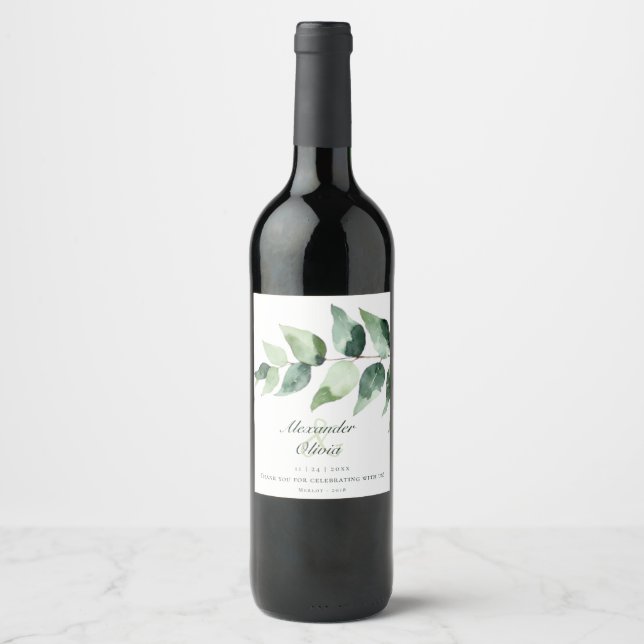 Watercolor Eucalyptus Wedding | White Wine Label (Front)
