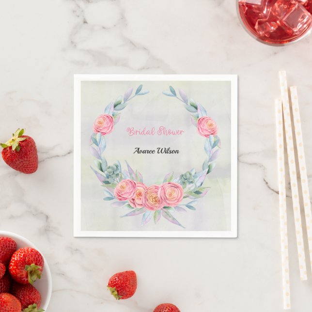 Watercolor Eucalyptus Wreath and Pink Roses Napkin (Insitu)