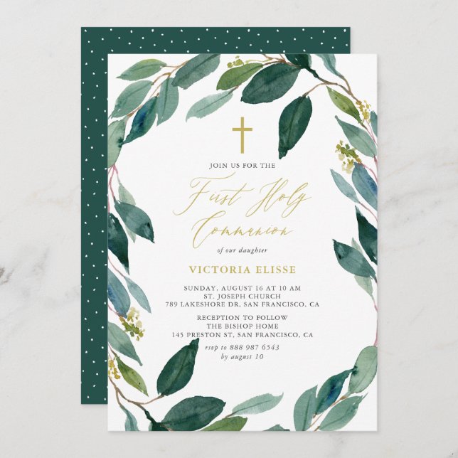 Watercolor Eucalyptus Wreath First Holy Communion Invitation (Front/Back)