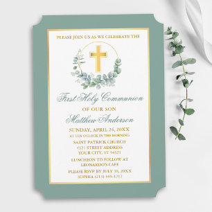 Watercolor Eucalyptus Wreath Gold Communion Invitation