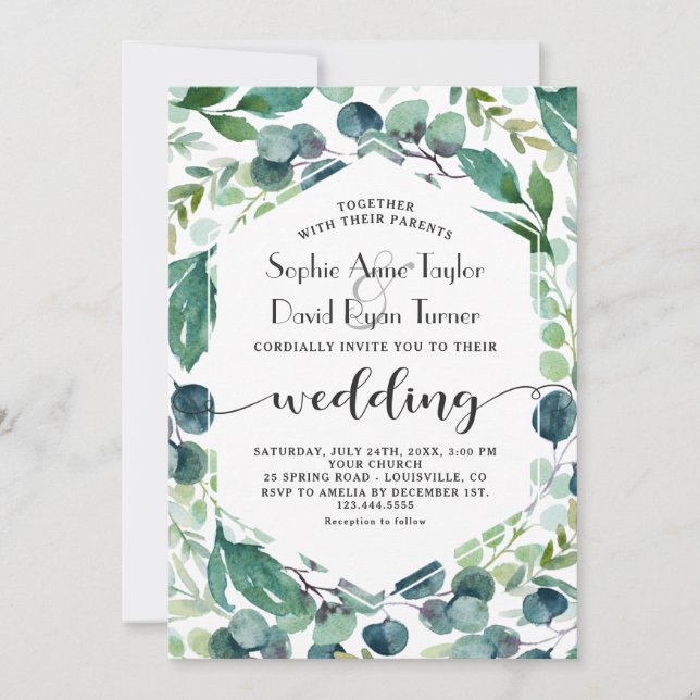 Watercolor Eucalyptus Wreath Handwriting Wedding Invitation (Front)
