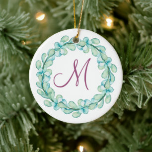 Watercolor Eucalyptus Wreath Monogram Christmas Ceramic Tree Decoration