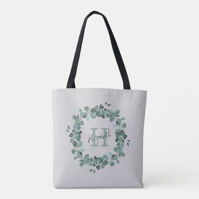 Watercolor Eucalyptus Wreath Monogram Tote Bag (Back)