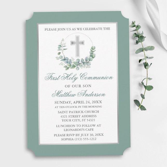 Watercolor Eucalyptus Wreath Silver Communion Invitation (Customize to change text color, text style or color of back of card.)