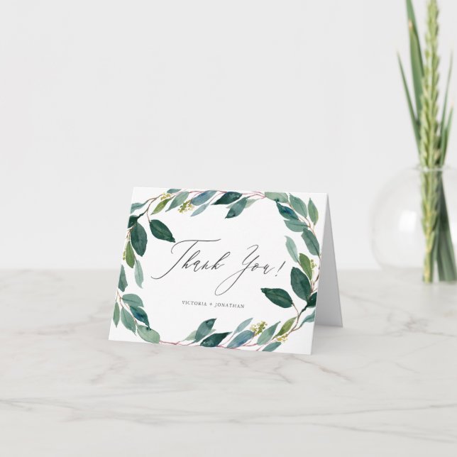 Watercolor Eucalyptus Wreath Wedding Thank You Card (Front)