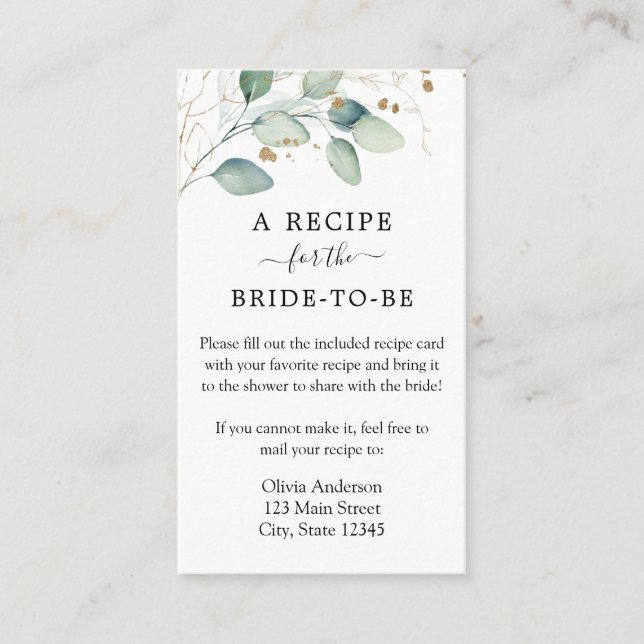 Watercolor Eucalytpus Shower Recipe Request  Enclosure Card (Front)