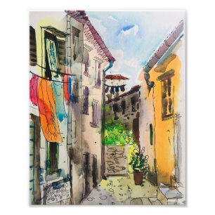 Watercolor, European medieval city Photo Print
