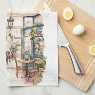 Watercolor European Street Cafe Art Tea Towel