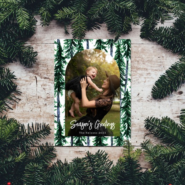 Watercolor Evergreen Christmas Trees Photo Arch Holiday Card (Creator Uploaded)